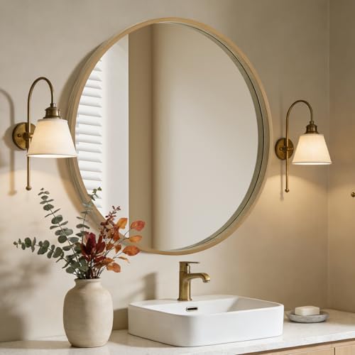 WallBeyond Round Wood Mirror, 36" Round Modern Decoration Large Circle Wall Mirror for Bathroom Living Room Bedroom Entryway, Natural - color: Natural, size: 36"L x 36"W