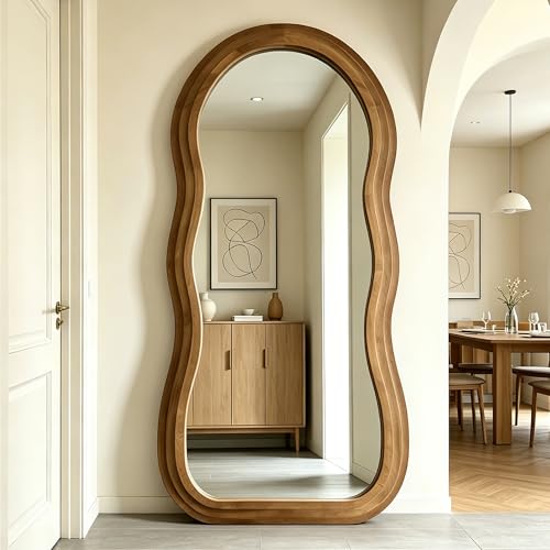 Wavy Full Length Mirror, 67"x31.5" Organic Floor Mirror with Triple-Layer Solid Wood Frame, Large Irregular Aesthetic Mirrors for Entryway Hallway Cloakroom Living Room, Leaning/Hanging - color: Natural Wavy Frame, size: 67"L x 31.5"W