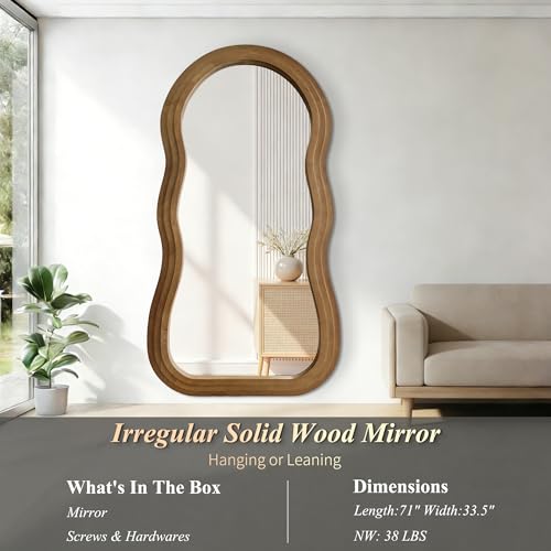 Wavy Full Length Mirror, 71"x33.5" Oversized Organic Floor Mirrors with Triple-Layer Solid Wood Frame, Large Irregular Full Body Mirror for Living Room Entryway Cloakroom, Leaning/Hanging - color: Natural Wavy Frame, size: 71"L x 33.5"W