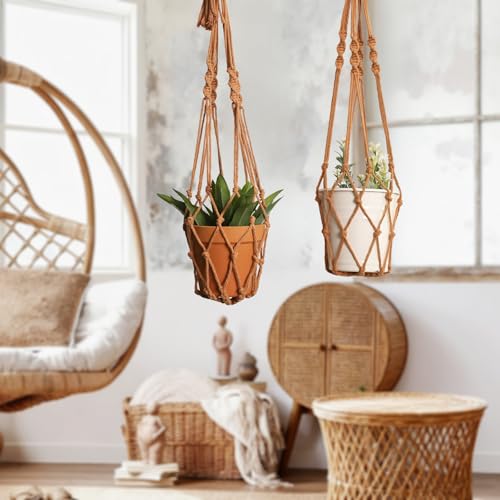Artilady Macrame Hanging Planter for Indoor Plants, Boho Woven Plant Hanger Large Hanging Flower Pot Holders Outdoor Baskets Storage No Tassels Brown Wall Decor (Latte Brown-2pcs) - color: Latte Brown-2pcs