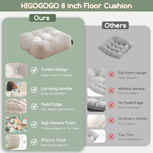 HIGOGOGO 8" Extra Thick Floor Pillow Cushion for Adults, Meditation Cushion Pillow, Large Square Floor Sitting, Tufted Corduroy Cover, for Tatami Living Room or Yoga, 22x22 Inch, Beige - color: Square Beige, size: 8" Thick(Pack of 1)