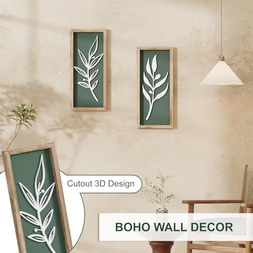 3D Wooden Leaf Sage Green Boho Wall Art (Set of 2) Lightweight, Vintage Framed Bathroom Botanical Wall Art for Bedroom, Living Room, Kitchen,Office and Hallway Decorations - color: Tree leaf Green (Set of 2)