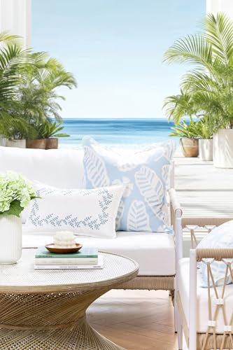Hofdeco Premium Grandmillennial Coastal Hampton Patio Indoor Outdoor Lumbar Pillow Cover Only, 12"x20" Water Repellent for Backyard, Couch, Poolside, Baby Blue Embroidered Leaves Frame - color: Baby Blue Leaves Frame 12"x20"