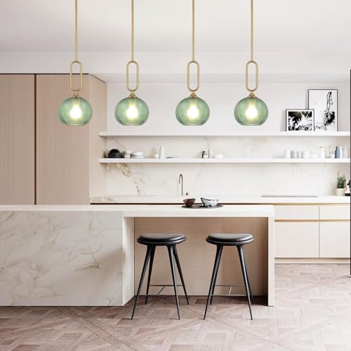 Green Glass Pendant Light Set of 2 Modern Globe Pendant Lighting Nordic Ribbed Gold Ceiling Hanging Chandelier with Brushed Brass Adjustable Rods Dining Room Kitchen Island Light Fixture - color: Gold-Green 2 Pack