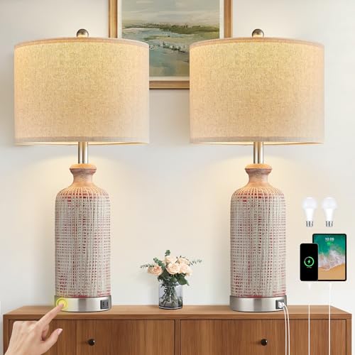 Living Room Lamps Set of 2, 27" Touch Lamps for Nightstand with USB A+C Ports, Modern Farmhouse Table Lamps for Bedroom, Red and White - color: Red&White