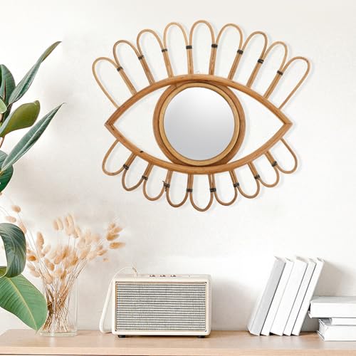 NUOBESTY Rattan Wall-Mounted Mirror 48x39cm Handmade Boho Decorative Vanity Mirror for Bedroom Entryway Woven Natural Fiber