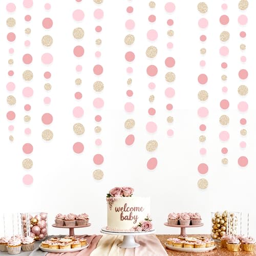 Champagne Gold Rose Pink Polka Dot Garland Champagne Dusty Pink Circle Dot Hanging Streamer Banner for Birthday Baby Shower Bridal Shower Wedding Engagement Retirement Boho Party Decorations Supplies - color: Dusty Pink Champagne