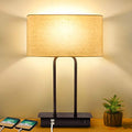 3-Way Dimmable Touch Control Table Lamp with 2 USB Ports and AC Power Outlet Modern Bedside Nightstand Lamp Fabric Shade and Metal Base for Guestroom Bedroom Living Room LED Bulb Included Warm White - color: Cream