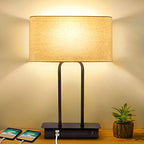 3-Way Dimmable Touch Control Table Lamp with 2 USB Ports and AC Power Outlet Modern Bedside Nightstand Lamp Fabric Shade and Metal Base for Guestroom Bedroom Living Room LED Bulb Included Warm White - color: Cream