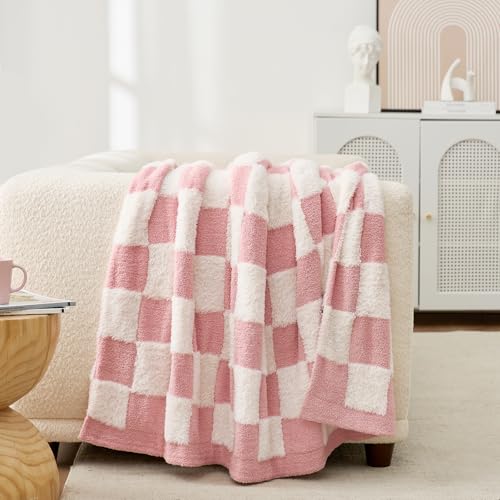Snuggle Sac Pink Checkered Throw Blanket Faux Fur Microfiber Blankets for Couch,Cozy Soft Warm Blanket for Sofa Bedroom Living Room,Pink Checker,50x60 inches - color: Pink White, size: Throw(50"x60")