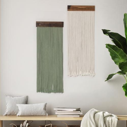 HVEST Green Macrame Wall Hanging Set of 2, Boho Decor Green and Beige Handmade Woven Long Tapestry for Bedroom Living Room Nursery Home Apartment Headstock Wall Decor, 30.7L X 11.8 W inches - color: Green