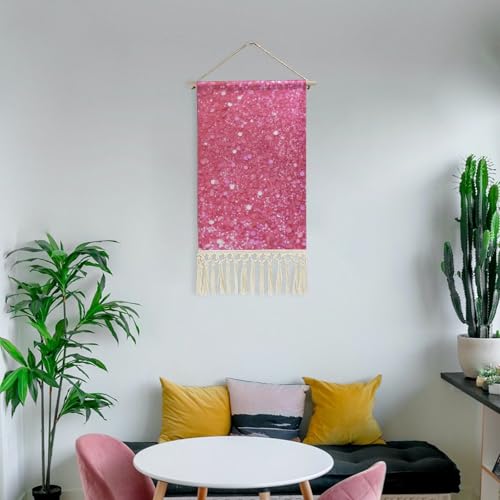 MUSM Boho Wall Hanging with Tassels - 10x19.6 Inch Cotton Linen Tapestry Art Print, Wood Frame & Hanging Rope, Sparkling Pink Glitter Poster for Living Room, Bedroom, Hallway Decor