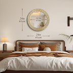 WAMIRRO Gold Round Wood Wall Mount Mirror, 24 Inch Hand Carved Solid Wood Frame Circle Mirror, Farmhouse Boho Decor for Living Room, Bathroom, Bedroom, Hallway & Entryway - size: 24"L x 24"W