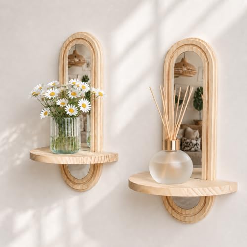 Artilady Floating Shelves with Arched Mirror, Boho Wall Decor Farmhouse Wood Wall Mounted Shelf for Bathroom Bedroom Living Room Wall Art (Beige with Mirror) - color: Beige With Mirror