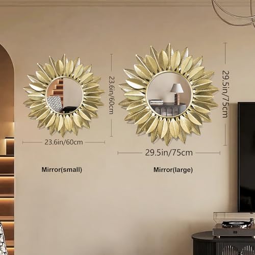 24" Gold Sunburst Decorative Wall Mirror – Handmade Flower Design, Luxury Round Accent Mirror Boho Wall Decor for Bedroom,Entryway, Dining Room & Kitchen - color: Gold, size: 23.6“*23.6*