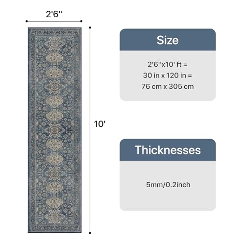 Bavni Washable Runner Rug 2’6”x10’, Non Slip Long Hallway Runner, Vintage Aesthetic Ultra Thin Low Pile Washable Carpet for Kitchen Bedroom, Blue - color: Blue, size: 2'6" x 10' (Rectangular)