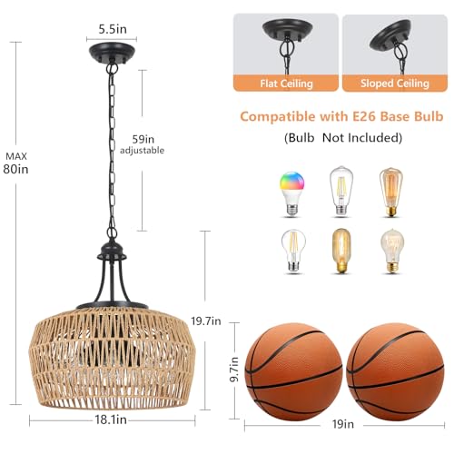 HMVPL Large Farmhouse Chandeliers for Dining Room, 5-Light Rattan Boho Chandelier Light Fixture with Wicker Lampshade, Coastal Hanging Pendant Lighting for Kitchen Island Bedroom Living Room Nursery - color: Brown, size: 5-Lights (D)18.1 in