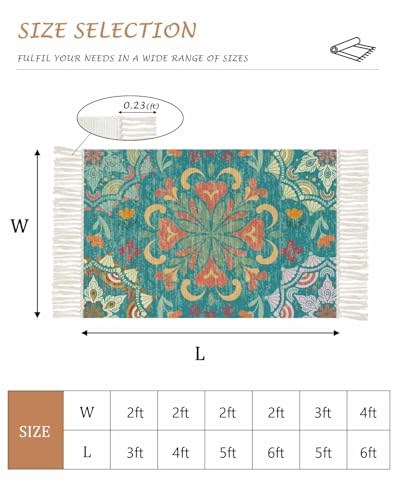Green Boho Kitchen Runner Rug 2' x 4', Shabby Vintage Ethnic Abstract Floral Art Washable Rug with Tassels, Non Slip Woven Cotton Bathroom Rugs Hallway Carpet for Foyer Bedroom Entry Back Door Decor - color: Teal, size: 2' x 4' (Rectangular)
