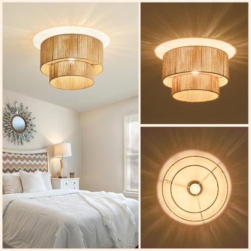 NUODIFAN Boho Semi Flush Mount Ceiling Light Gold Rattan Ceiling Light Double Layer 15.7" Farmhouse Ceiling Lamp with Natural Hemp Rope Lampshade for Dining Room Living Room Bedroom Kitchen
