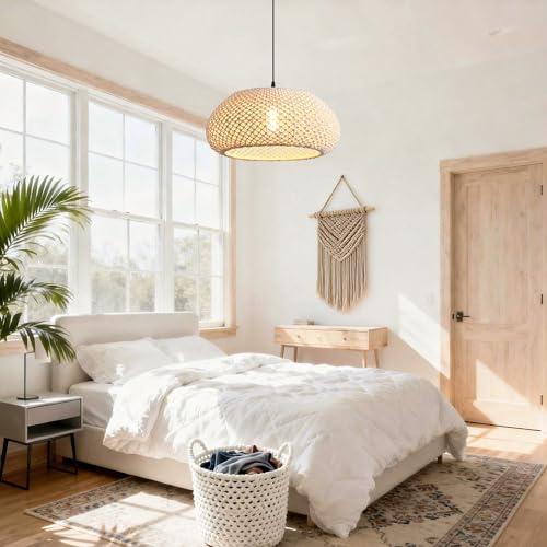 Boho Chandelier for Dining Room, 19" Boho Macrame Pendant Light, Hand-Woven Cotton Rope Farmhouse Ceiling Light for Kitchen Island, Living Room, Bohemian Hanging Lamp with Adjustable Cord - color: D3054