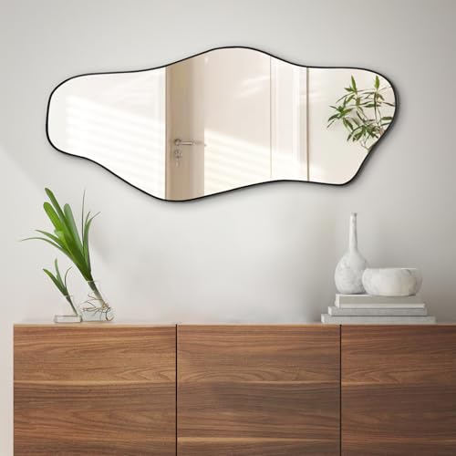 Irregular Wall Mirror, 40"x17.7" Asymmetrical Frameless Mirrors, Modern Cloud Shaped Mirrors for Living Room Bedroom Hallway Entryway, Horizontal or Vertical Hanging - color: Black, size: 40"L x 17.7"W