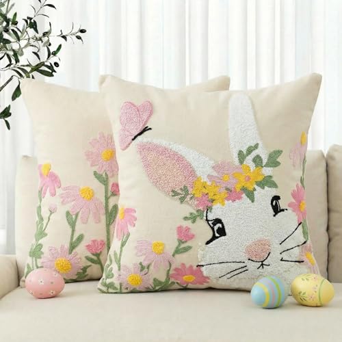 AVOIN colorlife Easter Spring Rabbit Floral Embroidered Throw Pillow Covers, 18 x 18 Inch Butterfly Flowers Tufted Patterned Linen Decoration Cushion Case for Sofa Couch Set of 2