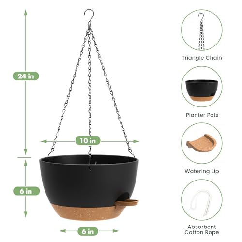 3 Pack 10 Hanging Flower Pots with Chains Self Watering Plastic Planters for Indoor Outdoor Plants, Sturdy Triangular Iron Chain Design for Garden PorchPlastic hanging flower pots (3, Black Brown) - color: Black Brown