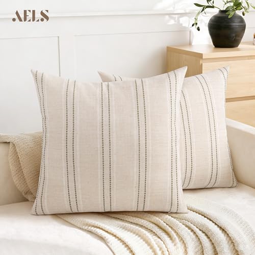 AELS 22x22 Decorative Farmhouse Linen Throw Pillow Covers, Boho Textured Pillow Case, Set of 2, Beige with White & Brown Stitch Yarn Dyed Stripe Cushion Cover for Sofa Couch Living Room (Cover ONLY) - color: Beige With White & Brown, size: 22" x 22" (Pack