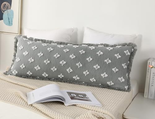 Boho Long Lumbar Pillow Cover 12x48 with Tassel Fringe,3D Flower Patterned Extra Decorative Long Lumbar Pillow Cover Case for Sofa Couch Bed Livingroom Farmhouse,Blue Grey - color: Blue Grey, size: 48" x 12" (Pack of 1)