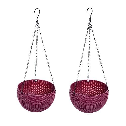 Hanging Basket Plastic Flower Pot Round Resin Garden Hanging Planter for Indoor Outdoor Plants 2 Pack Mulberry - color: 8 Inch Fushia
