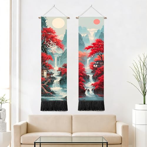 seewan 2 Pack Long Vertical Wall Tapestry, Boho Nature Landscape & Floral Aesthetic Wall Hanging for Bedroom Living Room Home Decor, Long Narrow Art Tapestry with Sunrise Mountain Botanical Designs, 13" × 51" (Crimson Forest Vista, 13"Wx51"H, Unframed) -