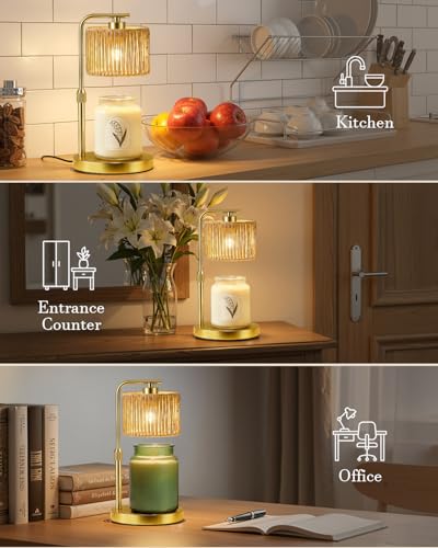 Candle Warmer Lamp, Timer Dimmable Candle Lamp, Adjustable Height and Brightness Gold Candle Warmer, Boho Rattan Lampshade and 2 Bulbs, Suitable for Home Decor, Birthday Gifts for Women Mom - color: Rattan-Gold