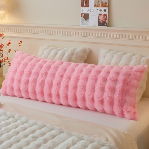 LIFEREVO Fluffy Faux Rabbit Fur Body Pillow Cover, Soft Cute Bubble Waffle Shaggy Plush Bed Body Pillowcase with Zipper Closure, Long 20"x54" Fuzzy Furry Pillow Case for Pregnancy Side Sleeper, Pink - color: Pink