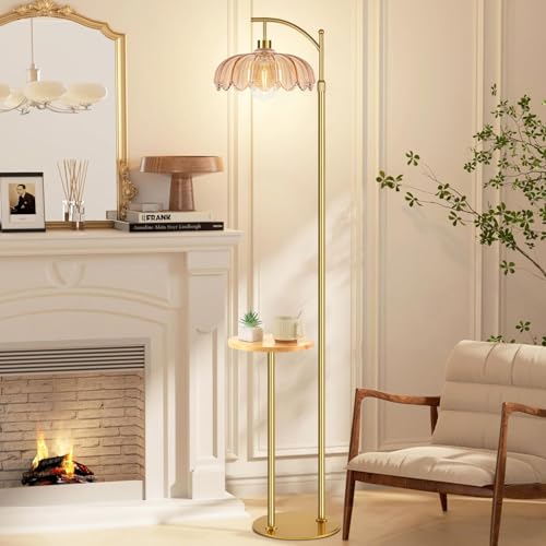 QIYIZM Gold Floor Lamp with Table and Shelves for Living Room Bedroom,Glass Standing Lamp with Remote Dimmable,Boho Brass Tall Lamp Vintage Farmhouse Arc Flower Floor Light Bohemian - size: 05-Floor Lamp