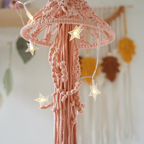 Macrame Wall Hanging,Jellyfish Dream Catcher with Star Lights,Bohemian Woven Wall Art Decor Beautiful Apartment Dorm Room Door Decoration (Pink) - color: Pink