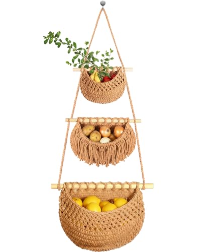 3 Tier Hanging Fruit Basket, Jute Wall Baskets, Hanging Produce Baskets for Storage Fruits and Vegetables, Hanging Basket Wall for Kitchen, Bedroom, Bathroom (Brown) - color: Brown, size: 3 Tier / Standard