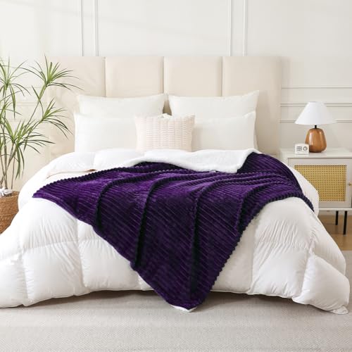 Purple Sherpa Fleece Throw Blanket 50”×60” for Couch Sofa Bed,Super Soft Cozy Plush Double Side Thick Flannel Blanket with Striped Design Lightweight for Adults,Woman,Girls - color: Purple, size: 50×60inch