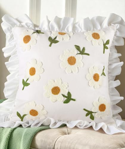 Embroidered Throw Pillow Cover - 18x18 Decorative Pillow Cover with Zipper Aesthetic Cute Design Boho Spring Summer Throw Pillowcase for Living Room Couch Sofa Bed, Ruffle Daisy - color: Ruffle-daisy, size: 18" x 18" (Pack of 1)