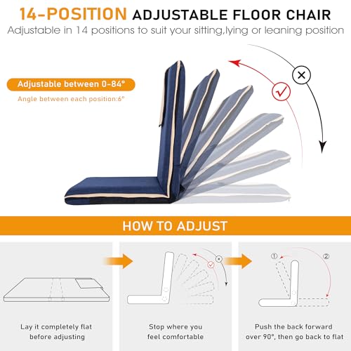 FASTMOMENT 14-Position Adjustable Floor Chair with Back Support - Portable Gound Seating for Adults & Kids, Foldable Meditation Chair with Japanese KOYO Bearings & Washable Linen Cover (Blue) - color: Blue & Yellow, style: Regular