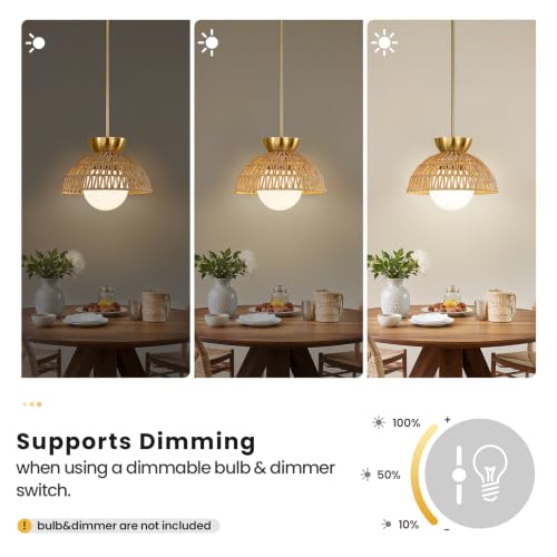2 Pack Rattan Pendant Light, 11.8" Hand Woven Boho Pendant Light Fixture with Milk Glass Globe, Gold Kitchen Island light Fixtures Adjustable Chandelier for Dining Room Hallway Foyer Restaurant - color: Gold-2 Pack