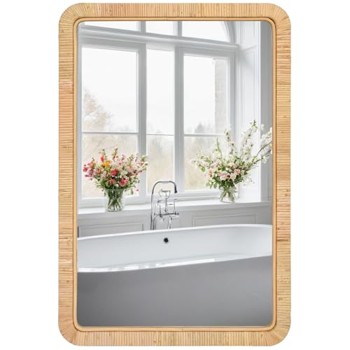 FUIN 24"x36" Rattan Wall Mirror, Natural Wicker Rectangle Bathroom Vanity Mirror, Hanging Boho Decorative Mirror for Farmhouse, Entryway, Bedroom, Living Room, Horizontal Vertical Mount - color: Rattan, size: 36"L x 24"W