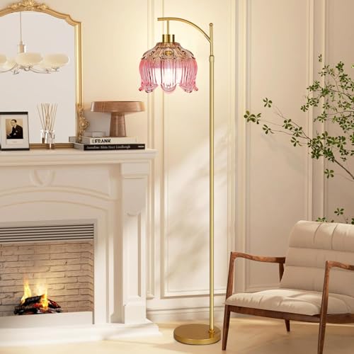 QIYIZM Pink Floor Lamp for Living Room,Bedroom,Glass Gold Dimmable Standing Lamp with Remote,Mid Century Modern Brass Tall Lamp Boho Floor Lamps Arc Stained Tulip Flower Floor Light Lamp Bohemian - size: 30-Floor Lamp
