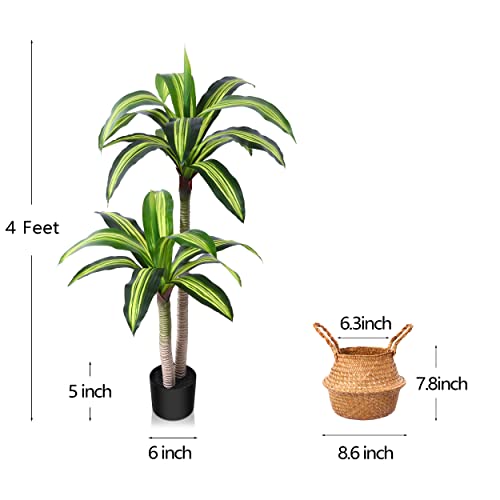Ferrgoal Artificial Plants, 4 Ft Dracaena Tree Faux Plants Indoor Outdoor Decor Fake Tree with Woven Seagrass Basket Plants for Home Decor Office Living Room Porch Patio Housewarming - size: 4ft