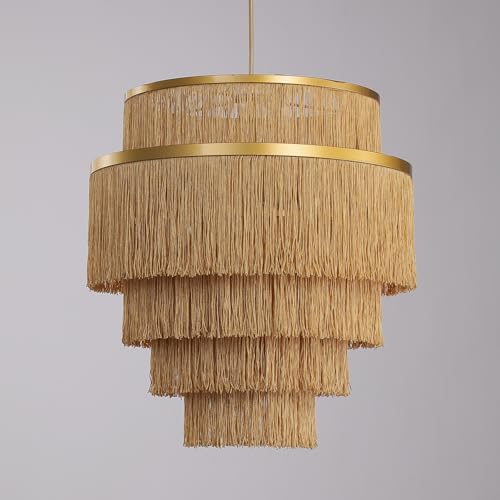 5-Tiered Boho Chandelier with Metal and Fringe,3 Lights Fringe Pendant Light Fixture,Tassle Chandelier for entryway,Dining Room,Baby Nursery,Gold - color: 5-Tiered-Gold