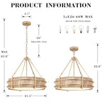 21.5'' Boho Rattan Chandelier Light Fixture, 5-Light Hand Woven Rattan Chandeliers with Fabric Shade, Rustic Gold Pendant Light for Kitchen, Bedroom, Dining Room, Living Room, Foyer - size: 21.5 inch