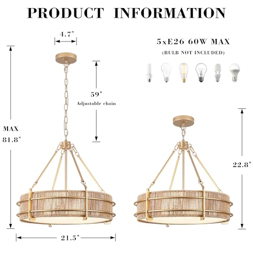21.5'' Boho Rattan Chandelier Light Fixture, 5-Light Hand Woven Rattan Chandeliers with Fabric Shade, Rustic Gold Pendant Light for Kitchen, Bedroom, Dining Room, Living Room, Foyer - size: 21.5 inch