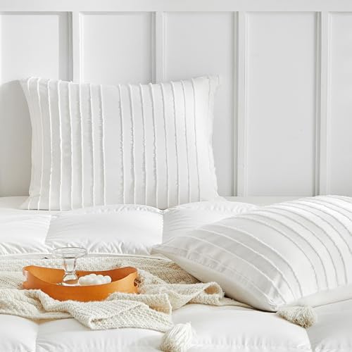 WARMDERN White Striped Pillow Covers Queen Pillow Cases Soft Microfiber Stripe Pillow Cases Set of 2 Boho Tufted Stripes Textured Pillowcase with Envelope Closure(White, Queen, 20x30 Inches) - color: White-striped, size: 20" x 30" (Pack of 2)
