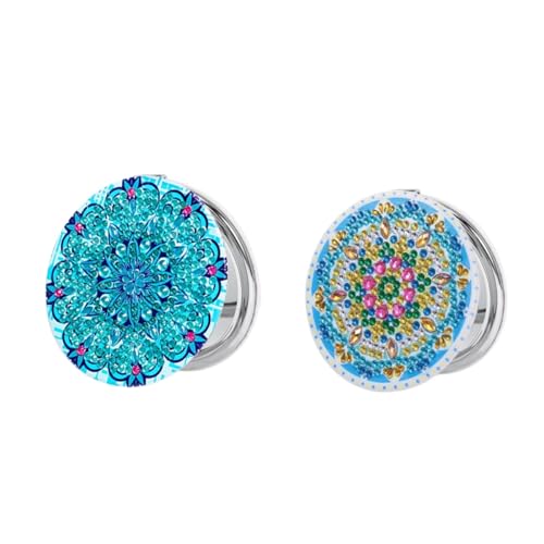 DDGYP 2 PCS DIY Diamond Painting Compact Mirror, Pocket Mirror Cover Portable Folding Purse Mirror, PU Leather Diamond Art Projects Kits for Women Girls Gifts - color: Blue