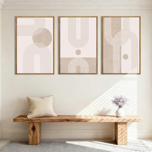 ANHUIB Neutral Boho Abstract Canvas Wall Art Set of 3 Framed Mid Century Modern Wall Decor Beige Geometric Line Artwork Minimalist Prints 16x24 Inch Painting for Living Room Bedroom Dining Room Office - color: Neutral Line, size: 24"L x 16"W