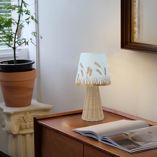 Vintage Small Wicker Lamp, Rattan Body Fabric Lampshade, Adjustable Light Color and Brightness, Power-Off Memory, Safe USB Powered, Boho Style Night Light for Bedroom Living Room (Cone-Wheat) - color: Cone-Wheat